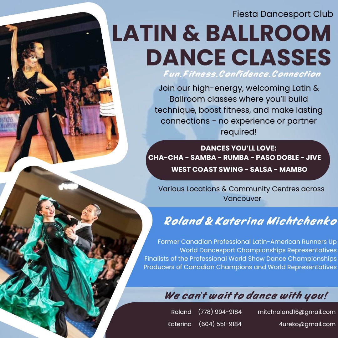 Fiesta Dancesport Club — Latin & Ballroom dance classes with Roland & Katerina Michtchenko, at various locations and community centres across Vancouver.